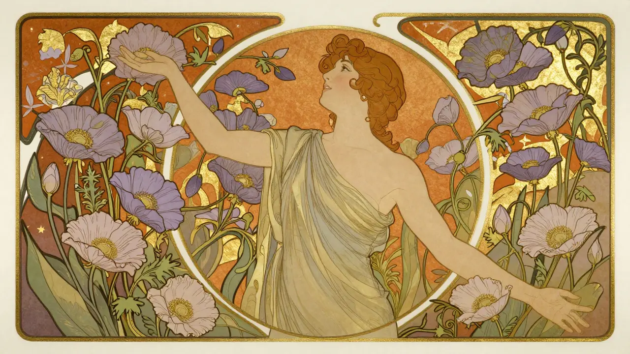 Klidná osoba v rozkvetlé zahradě v art nouveau stylu symbolizující dosažení stability a remitního stavu.