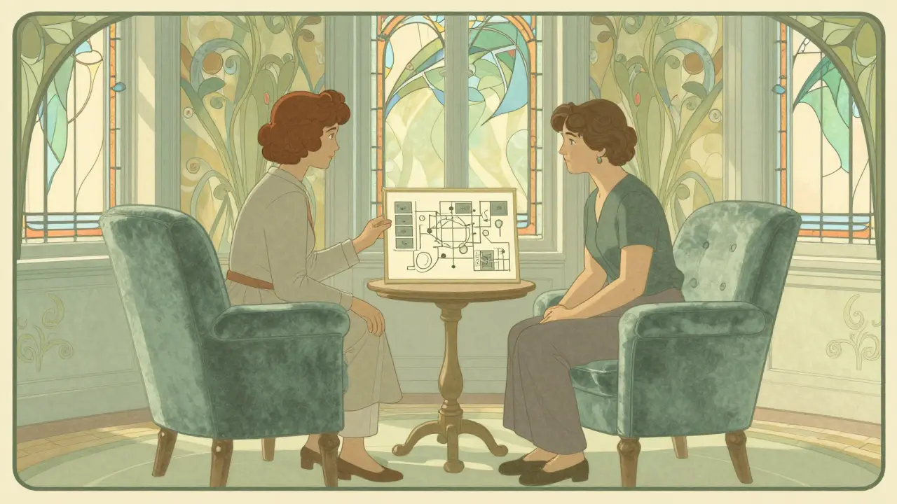 Klidná terapeutická místnost s tlumeným osvětlením a vizuálními pomůckami v stylu secese.