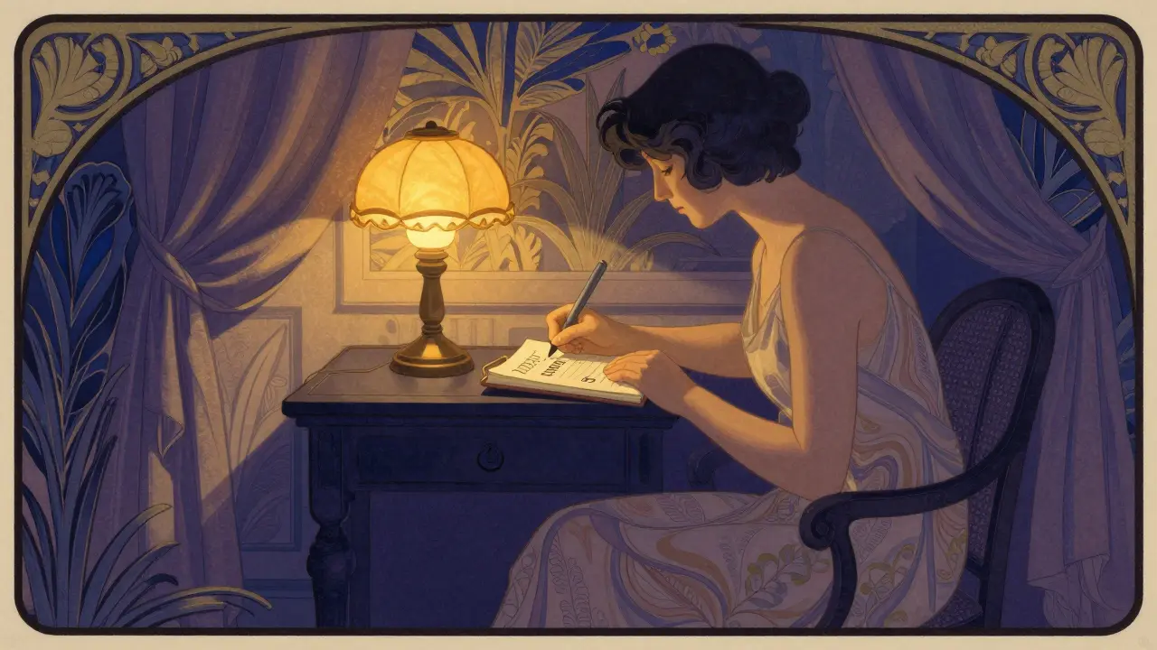 Klidný večerní rituál s psaním do deníku v dekorativním stylu Art Nouveau.
