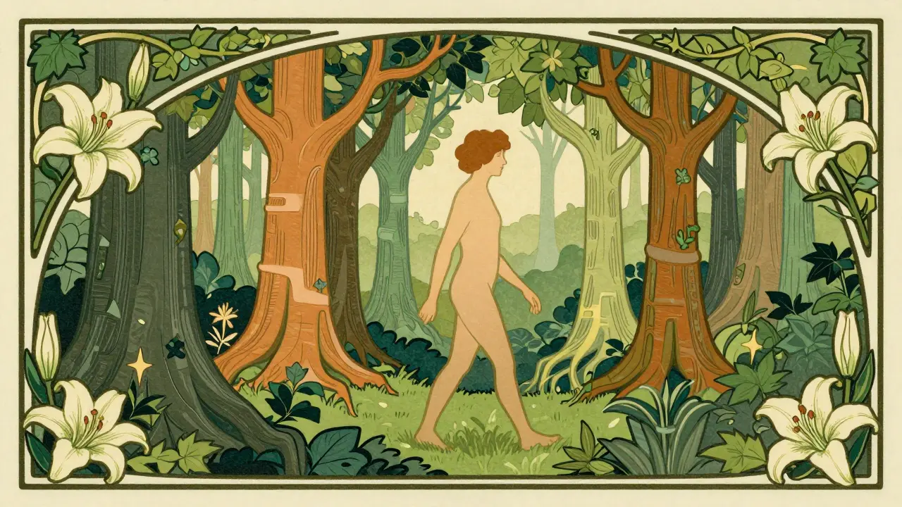 Kresba v Art Nouveau stylu znázorňující procházku v přírodě jako cestu k duševnímu zdraví.