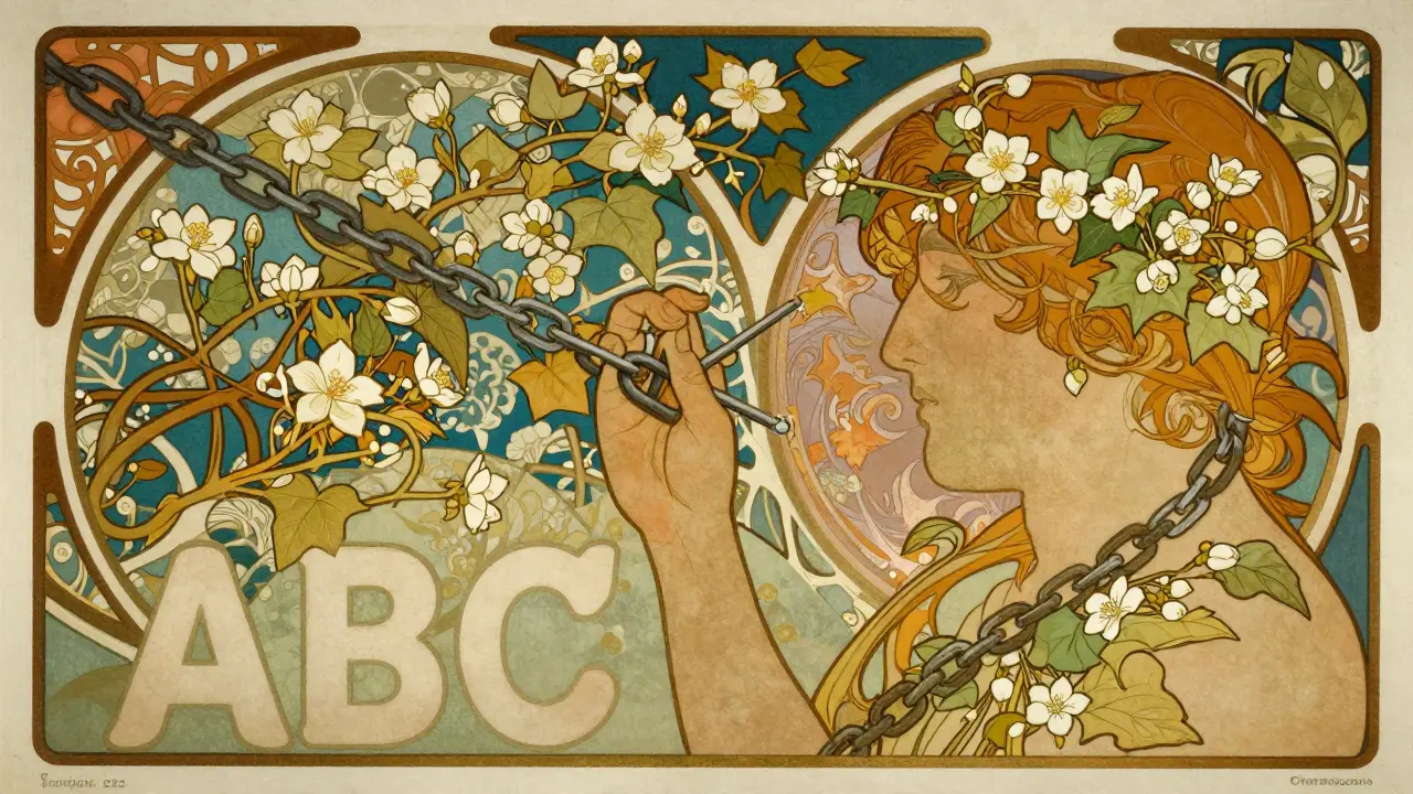 Kresba v stylu art nouveau ukazující přeměnu rigidních přesvědčení v flexibilní myšlení.