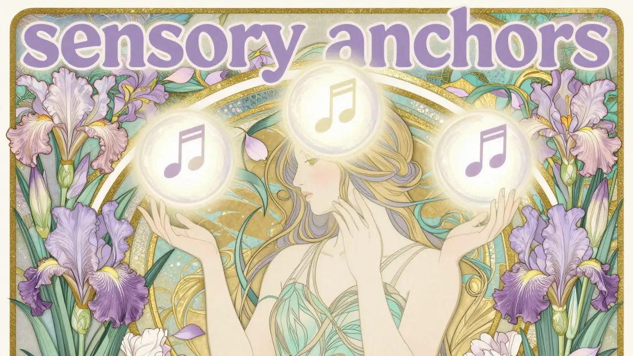 Kresba v stylu Art Nouveau znázornující smyslové kotvy a nalezený vnitřní klid.