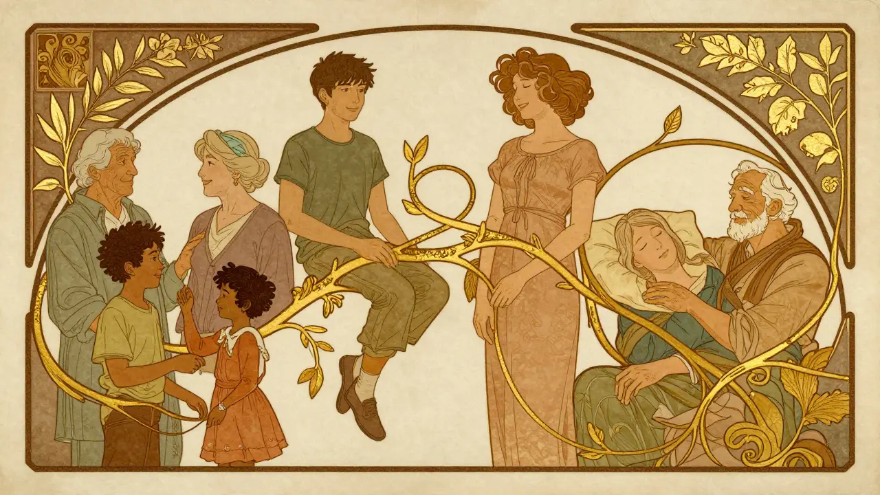 Lidé různých věkových skupin spojený zlatou liánou symbolizující duševní pohodu v životě.