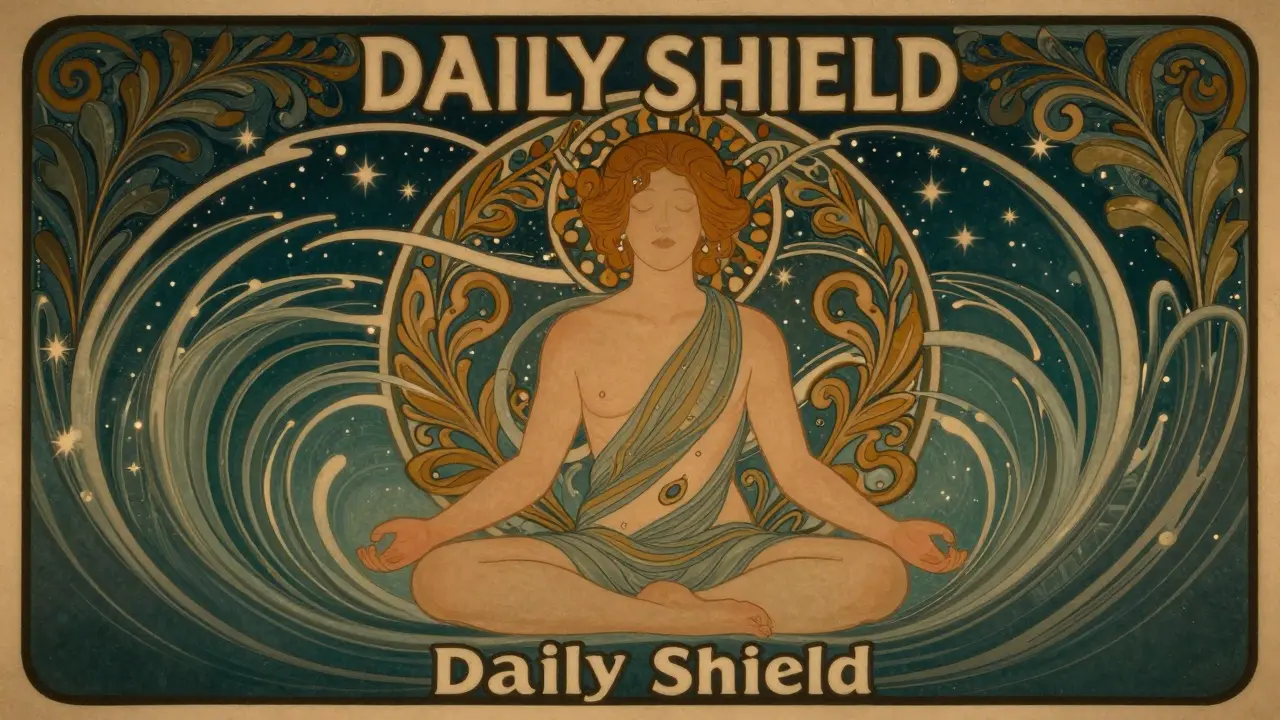 Meditující postava obklopená organickými liniemi znázornující psychohygienu a klid.