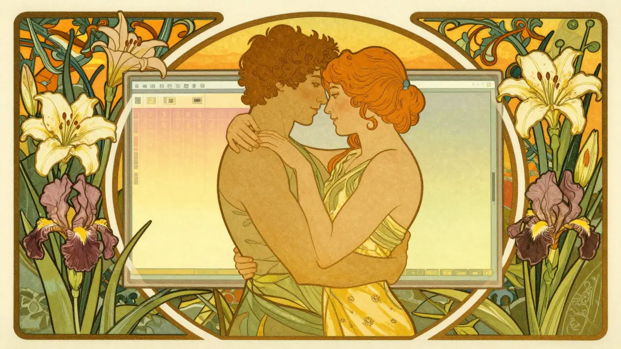 Objímající se pár v symbolické zahradě s doprovodem secesních květinových motivů.