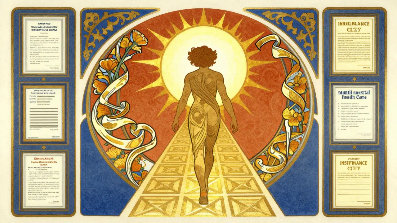 Optimistická cesta k dostupné terapii obklopená zlatými secesními ornamenty.