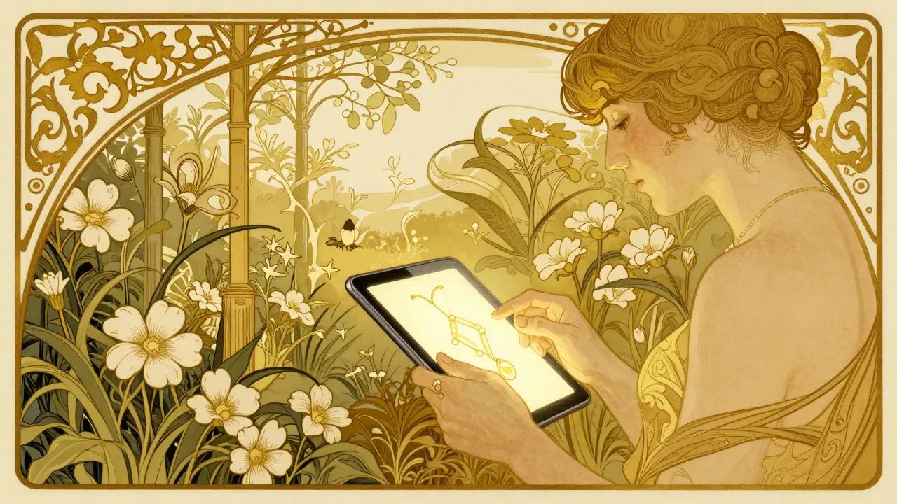 Osoba aktualizující digitální plán obklopená kvetoucím zahradním motivem.