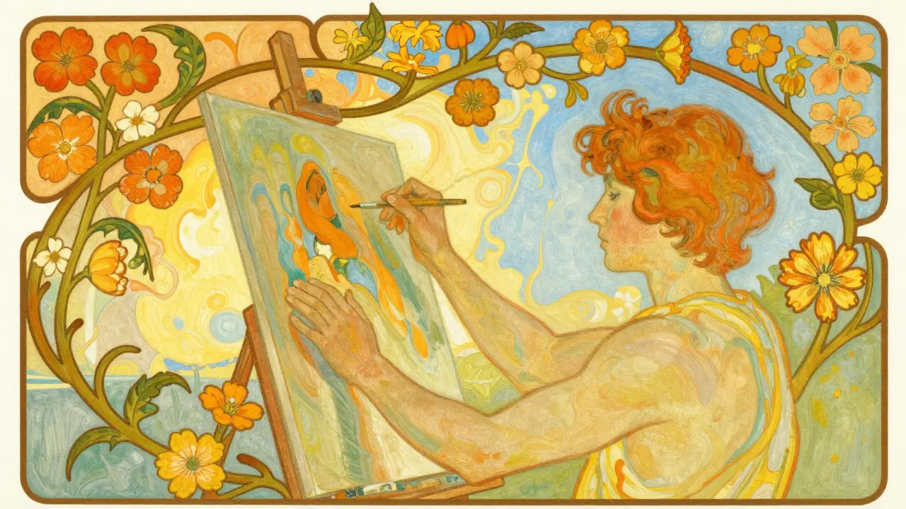 Osoba malující obraz jako cesta k uzdravení v art nouveau stylu.