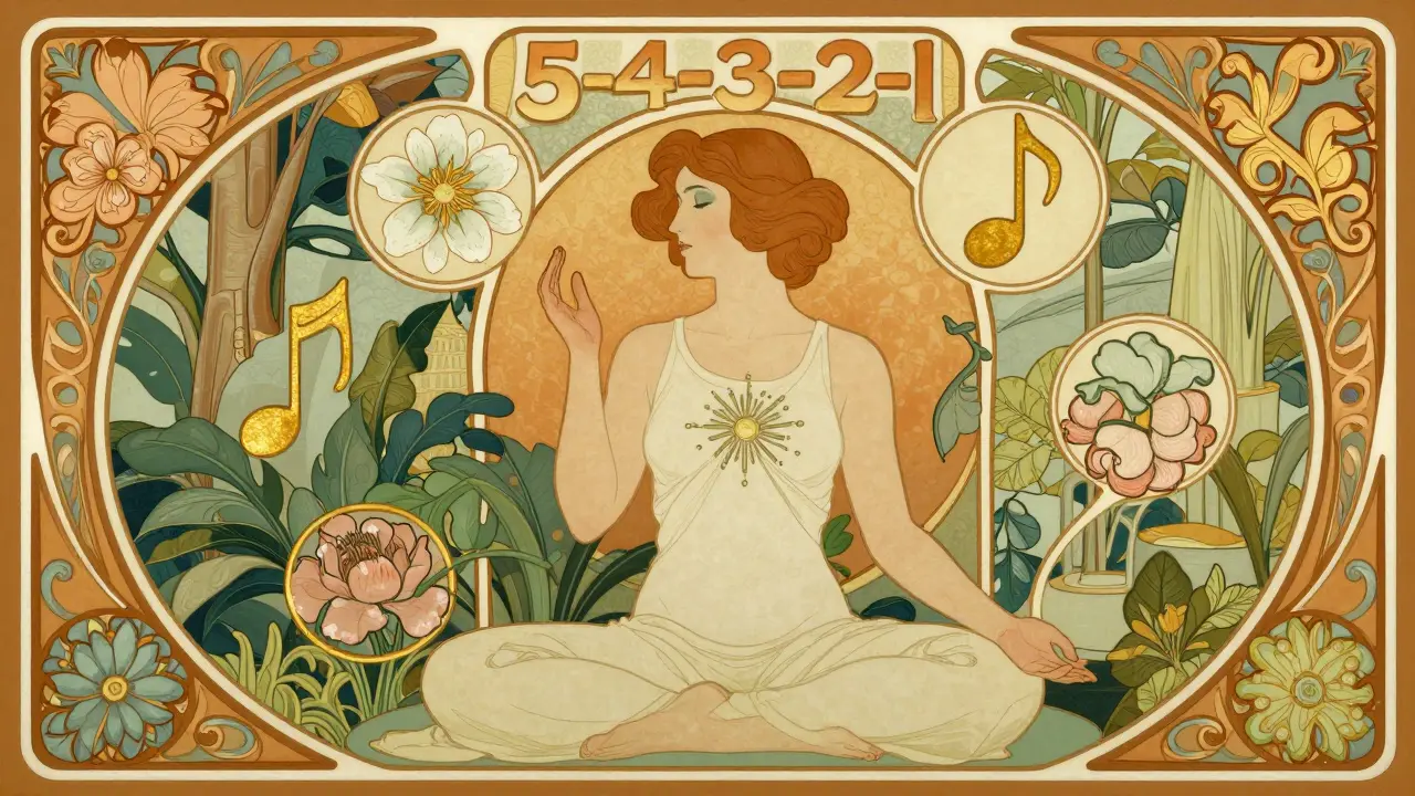 Osoba praktikující techniku uzemnění 5-4-3-2-1 v elegantním secesním stylu.