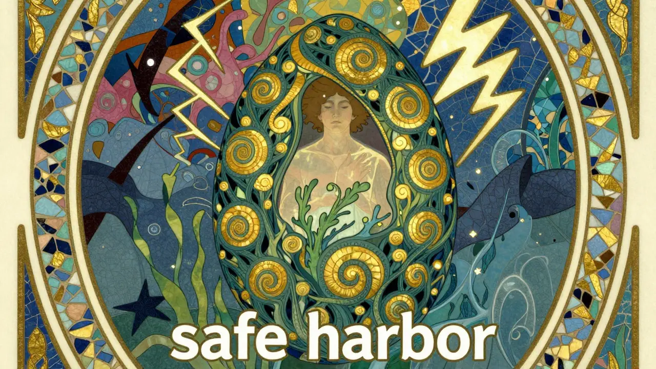 Osoba v ochranném kokonu z organických tvarů, která ji odděluje od chaosu okolí.