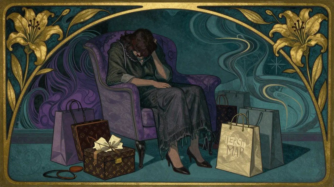 Osoba v pocitu viny mezi neotevřenými nákupy v art nouveau stylu.