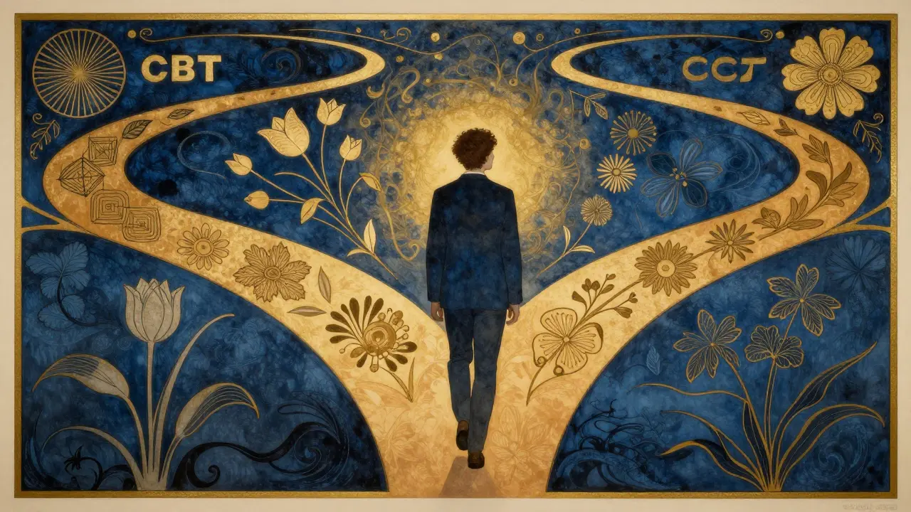 Osoba vybírající si cestu mezi různými terapeutickými přístupy v secesním stylu.