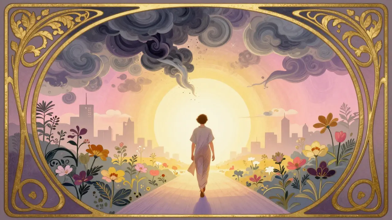 Postava směřující k naději a uzdravení obklopená zlatými ornamenty Art Nouveau.