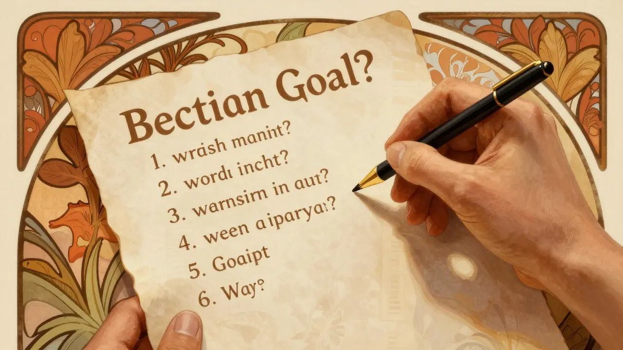 Ruka zapisující si seznam otázek a cílů na papír v dekorativním stylu.