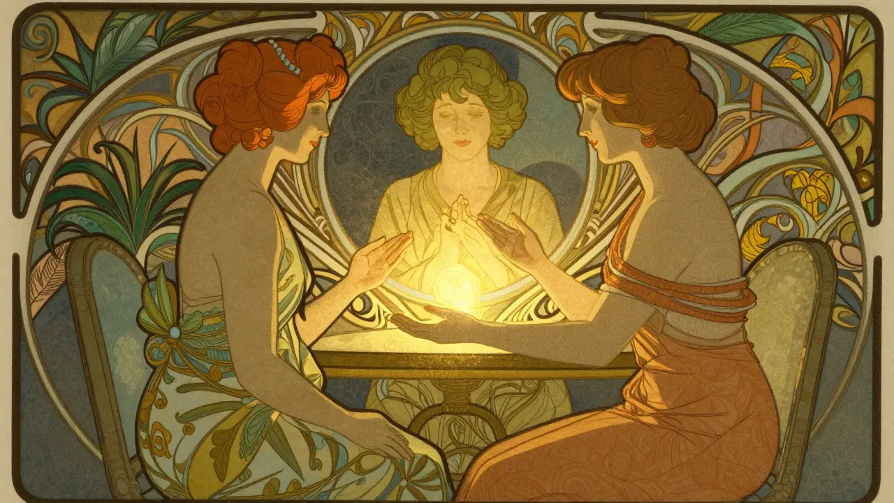 Secesní ilustrace terapeutického rozhovoru založeného na empatii a spolupráci.