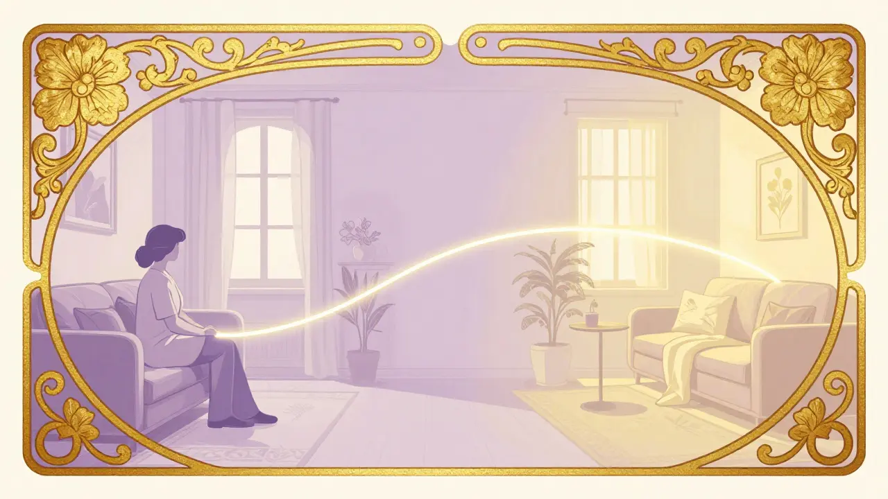 Secesní ilustrace znázornující propojení klienta a terapeuta při online terapii.