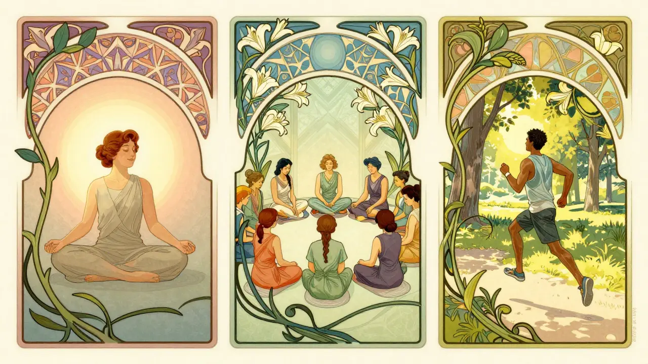 Stylizovaný obraz denního režimu: meditace, skupinová terapie a pohyb.