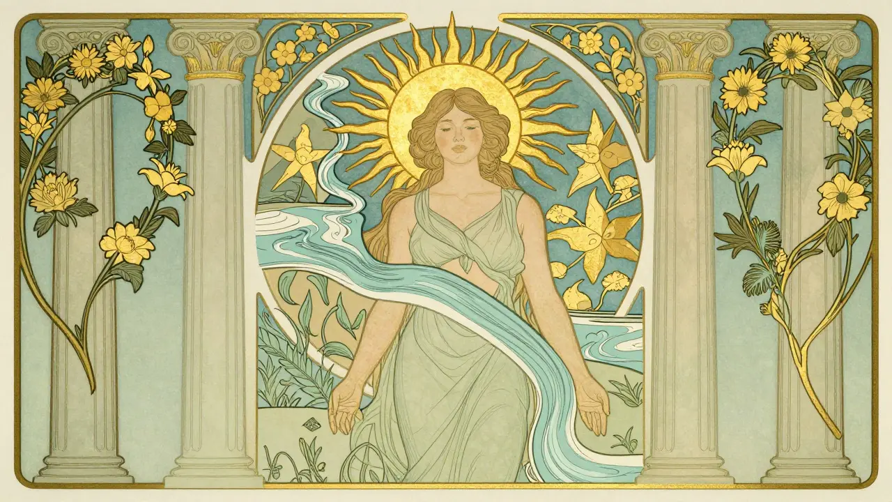 Symbolické znázornění pilířů duševní pohody s organickými ornamenty.