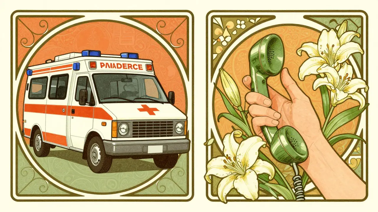 Symbolické znázornění tísňové pomoci a krizové linky v dekorativním stylu.