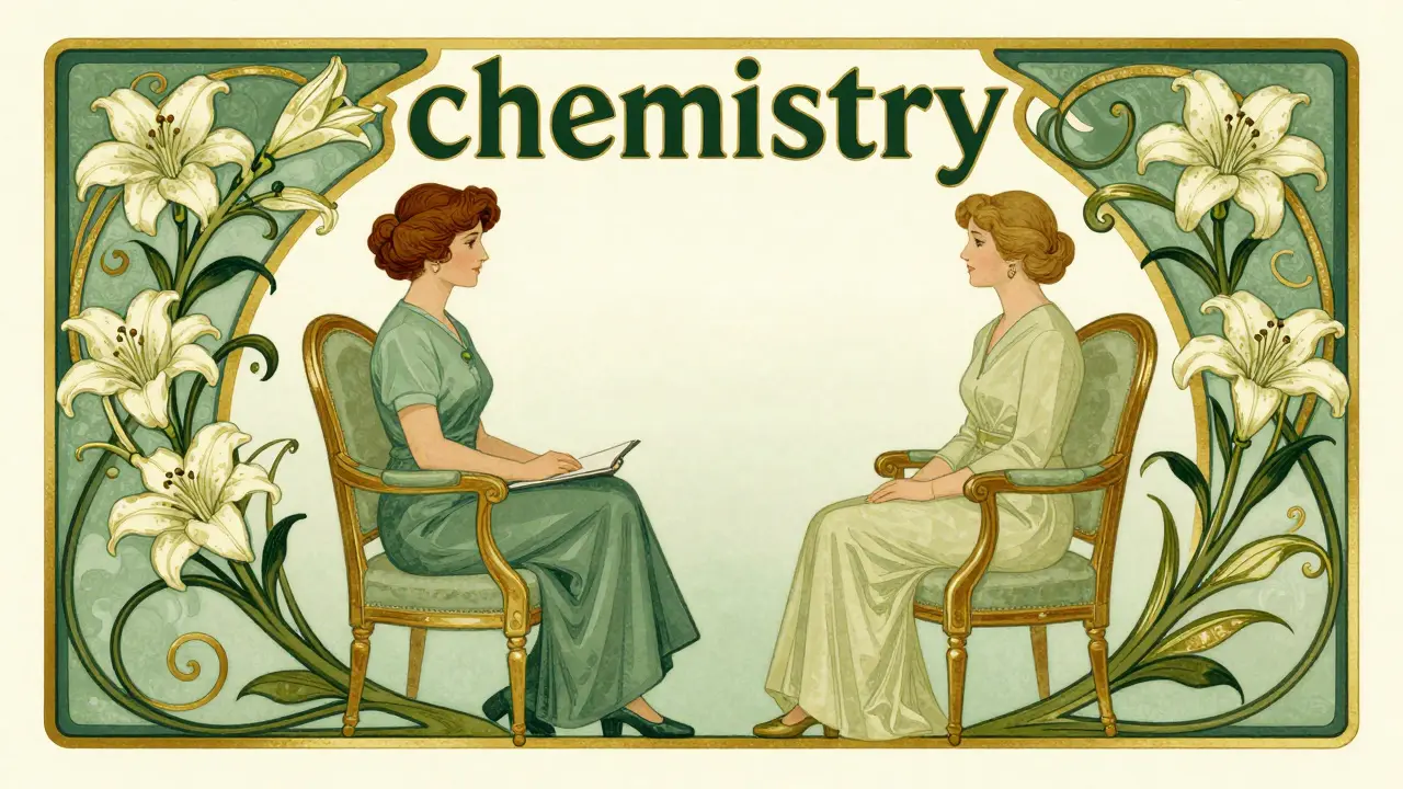 Terapeut a klient sedící v křeslech obklopeni dekorativními rostlinnými vzory.