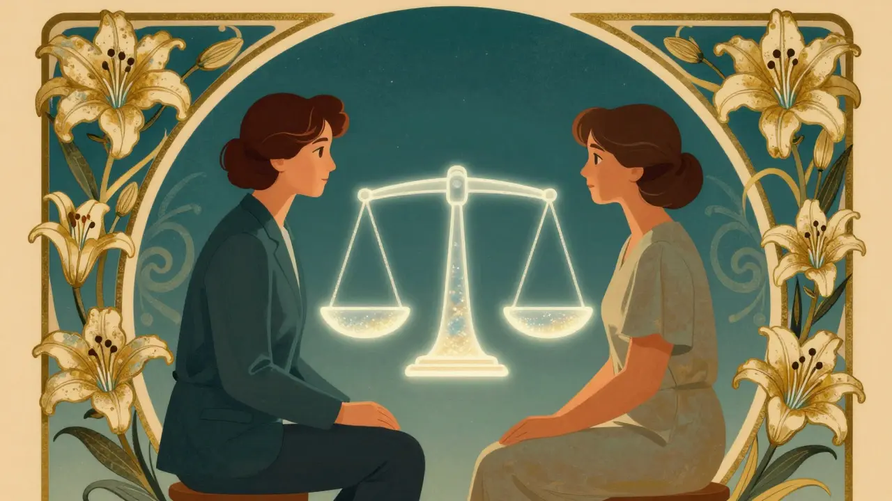 Terapeut a klient u symbolické posuvné stupnice v dekorativním rámu.