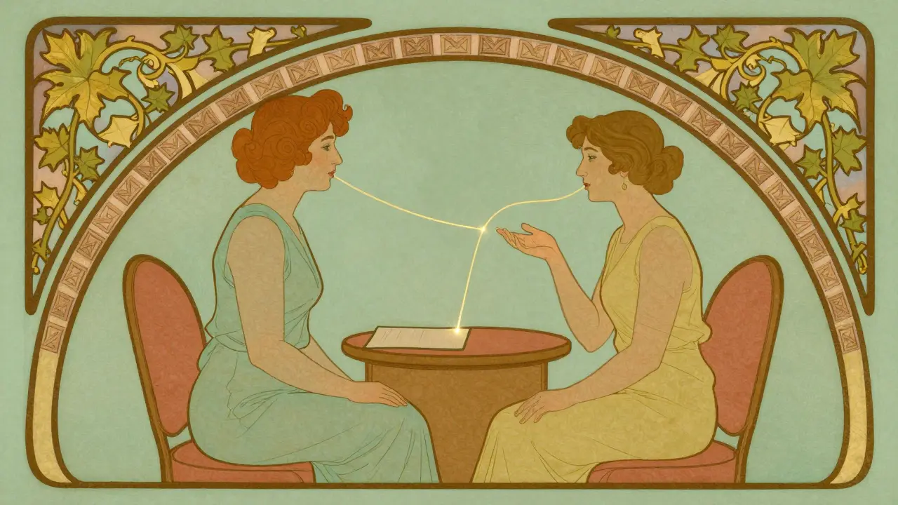 Terapeut a klient v pohovoru obklopeni ornamentálními architektonickými prvky.