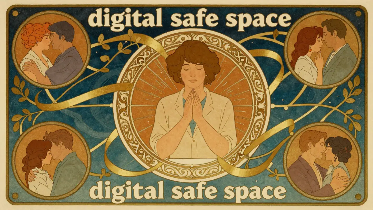 Terapeuta v ornamentálním rámu vytváří digitální bezpečný prostor pro pár.