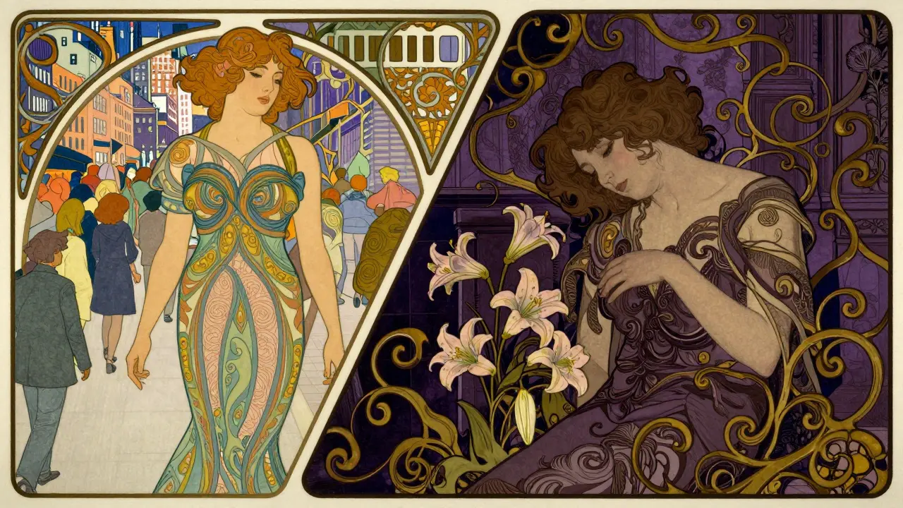 Žena v secesním stylu, která v kontrastu ukazuje společenskou přizpůsobivost a následné totální vyčerpání.