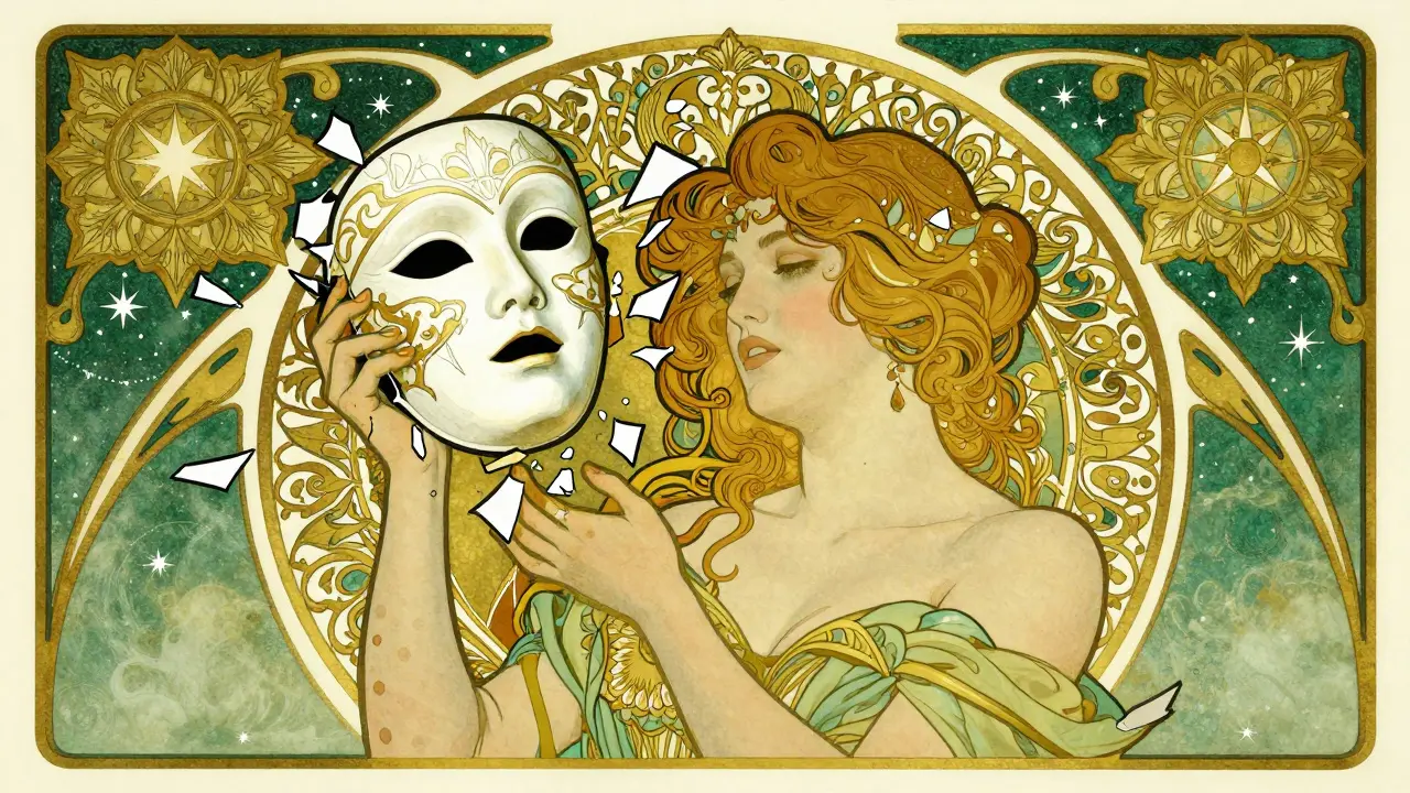 Žena v secesním stylu svléká masku z porcelánu, což symbolizuje úlevu z nalezené diagnózy.