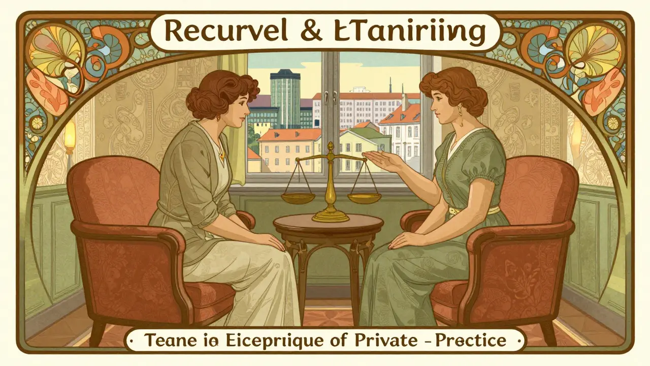 Art nouveau ilustrace: certifikovaný terapeut v klidné ordinaci s etickými symboly