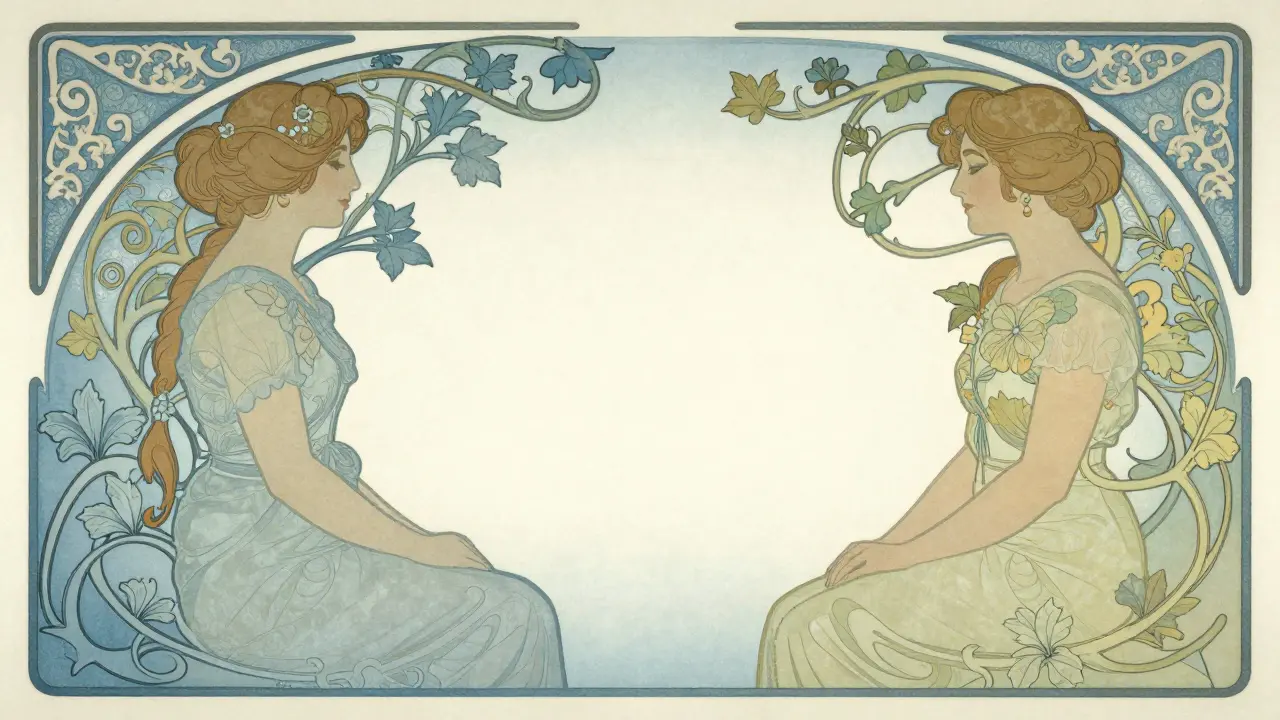 Art Nouveau ilustrace: dva lidé v klidném prostředí bez soudnosti.