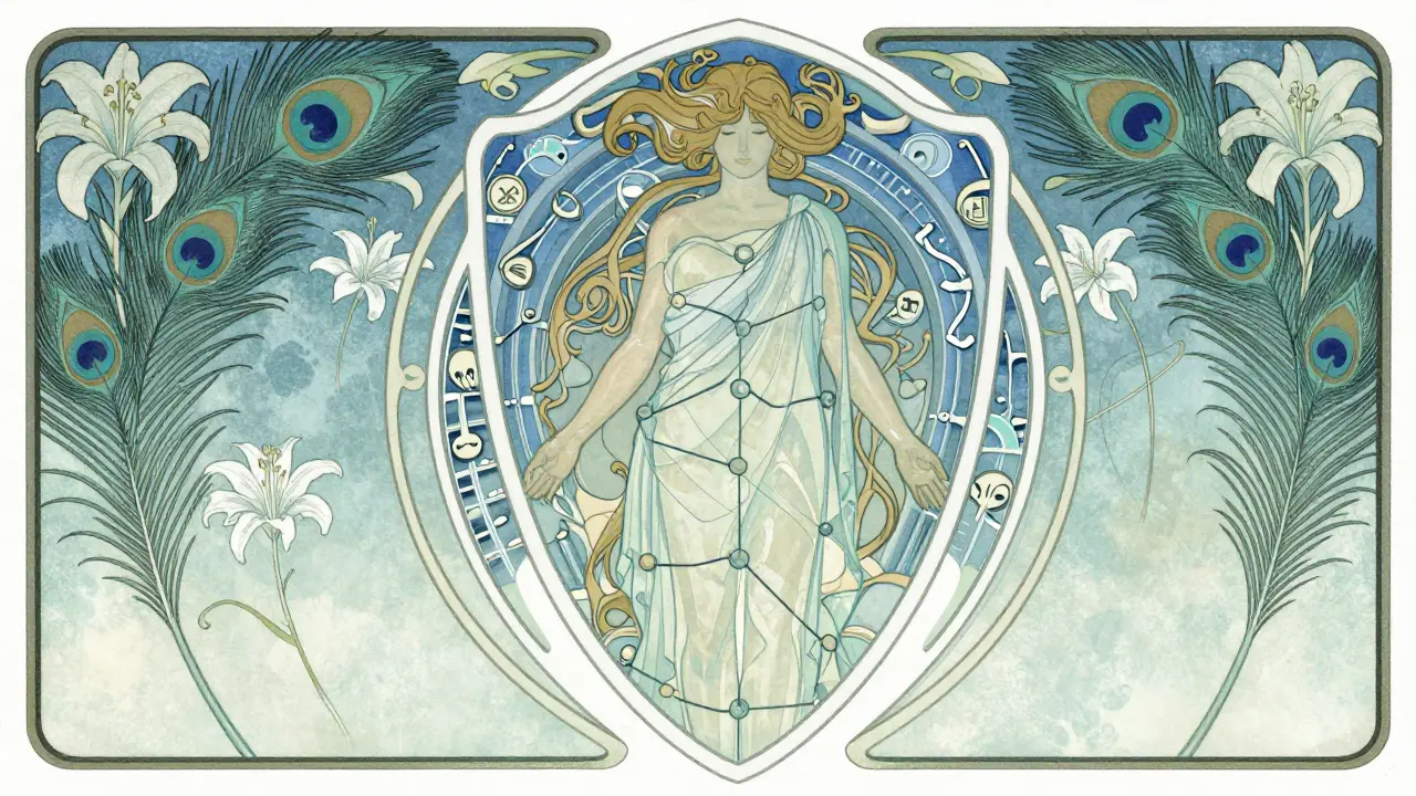 Art nouveau ilustrace: ochranný štít tvořený zdravými denními rutinami