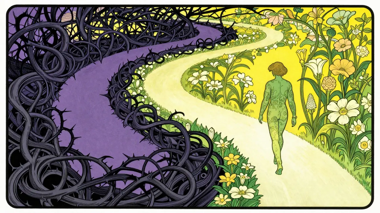 Art nouveau ilustrace: rozchod temné spirály myšlenek k jasné cestě