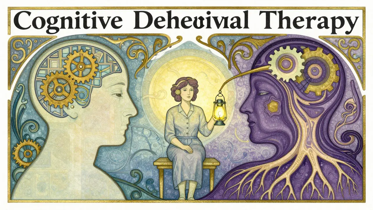 Art nouveau ilustrace: rozdělená hlava symbolizující KBT a psychodynamickou terapii