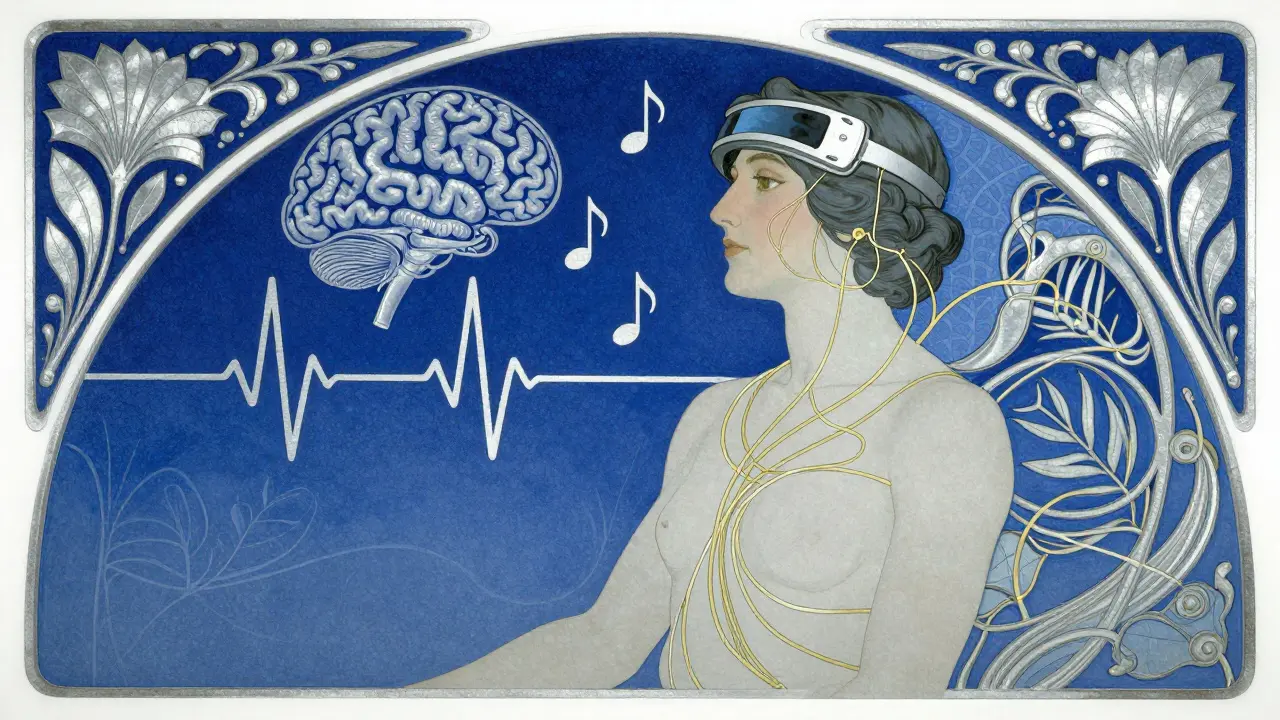 Konceptuální ilustrace spojující biotechnologie a uzdravení traumatu ve stylu Art Nouveau.
