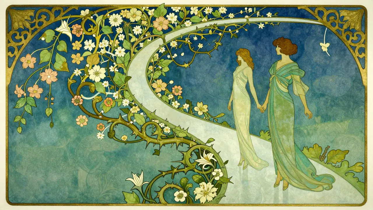 Pár na cestě růstu s květinovými motivy ve stylu Art Nouveau