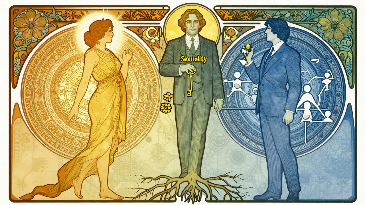 Sekesní plakát: Jung a Adler odděleni od Freuda, symbolizující rozkol ve psychologii.