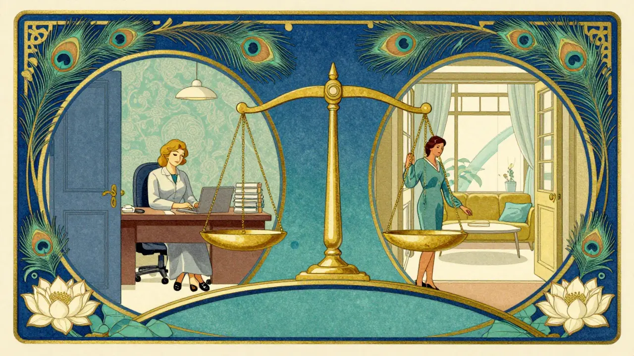 Symbolická rovnováha mezi online a prezenční terapií ve stylu Art Nouveau