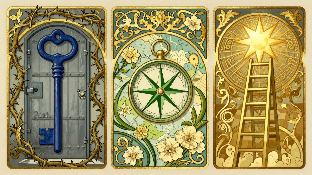 Symbolické ikony klíče, kompasu a žebříku v ozdobném rámu ve stylu Art Nouveau.
