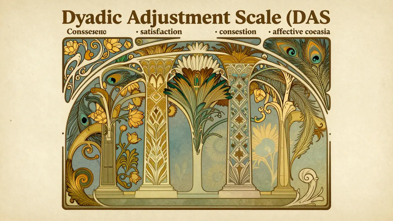 Symbolické sloupy představující měřítka kvality vztahu ve stylu Art Nouveau