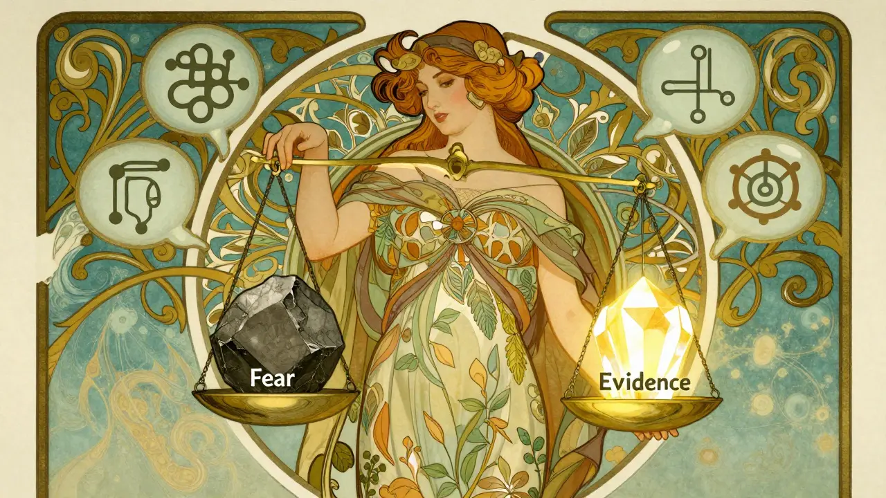 Žena drží váhu s důkazy proti strachu v dekorativním stylu art nouveau.