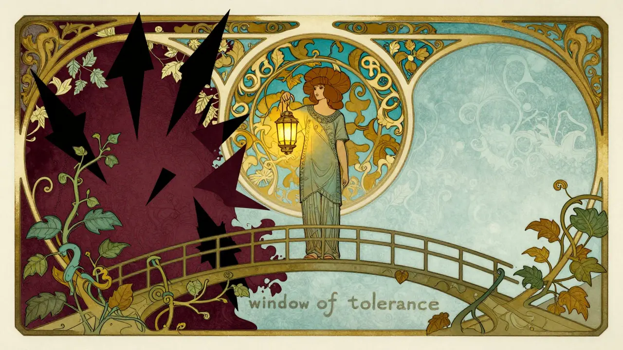 Abstraktní ilustrace rovnováhy na mostě z rostlin, symbolizující okno tolerance a duševní stabilitu
