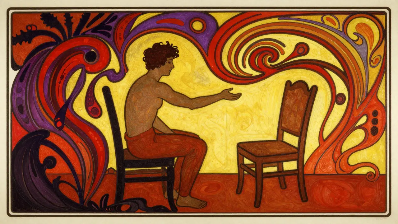 Art nouveau ilustrace gestalt terapie s prázdnou židlí a emocemi