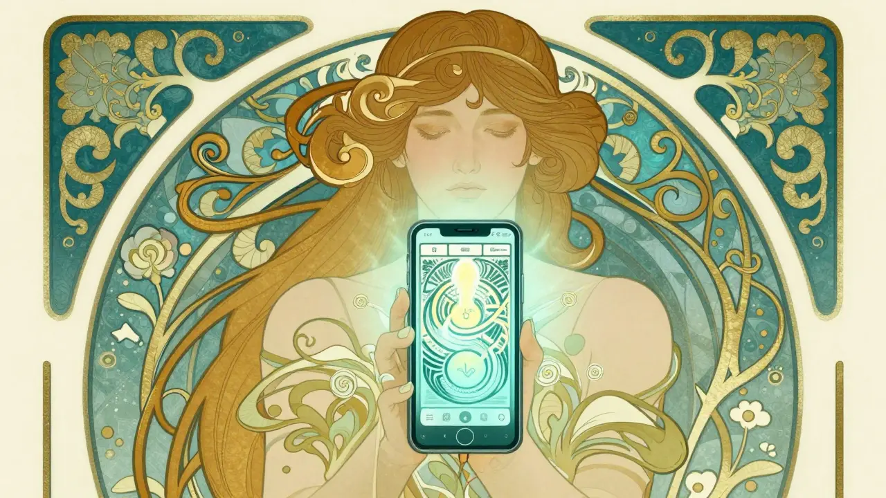 Art Nouveau ilustrace spojující lidskou empatii s digitálními nástroji pro duševní zdraví.
