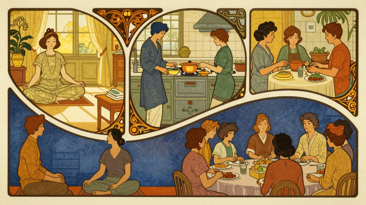 Art Nouveau ilustrace strukturovaného dne v terapeutické komunitě
