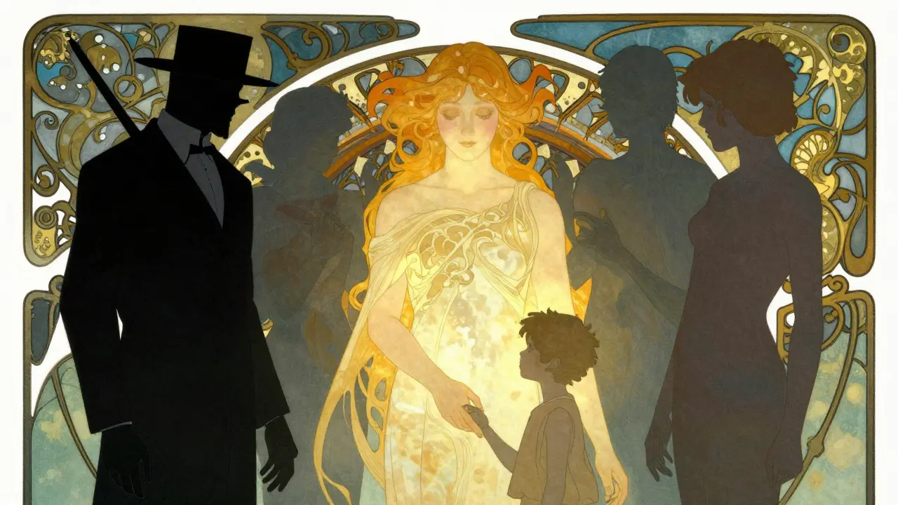 Art Nouveau ilustrace ukazující zdravého dospělého chránícího zranitelné dítě před stínovými módami.