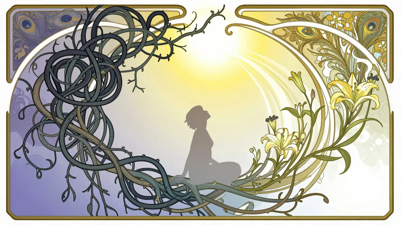 Art Nouveau ilustrace znázorňující přeměnu traumatu na klid pomocí terapie