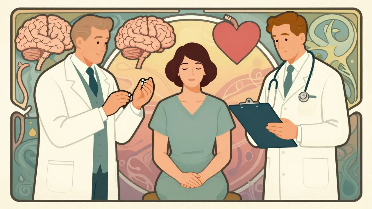 Art nouveau plakát: psychiatr, klinický psycholog a pacient v harmonickém týmu.