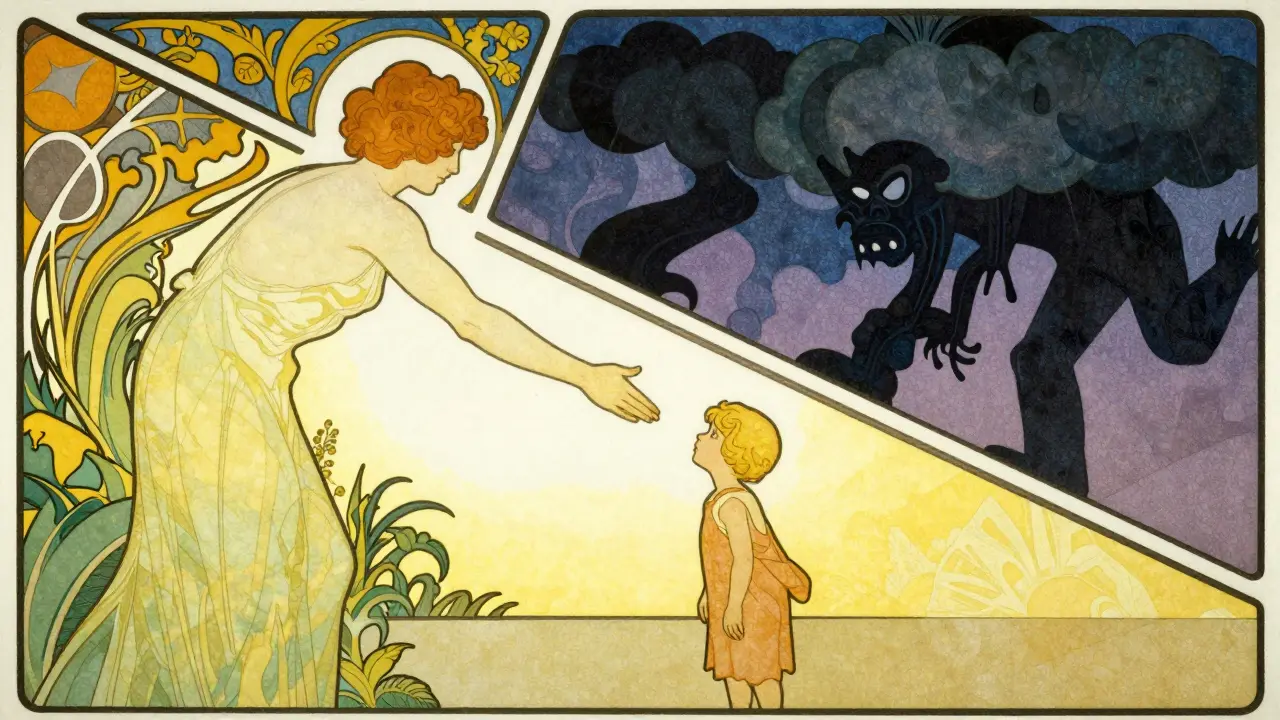 Art Nouveau plakát znázorňující uzdravení, kde dospělý chrání dítě před temnými oblačnostmi.