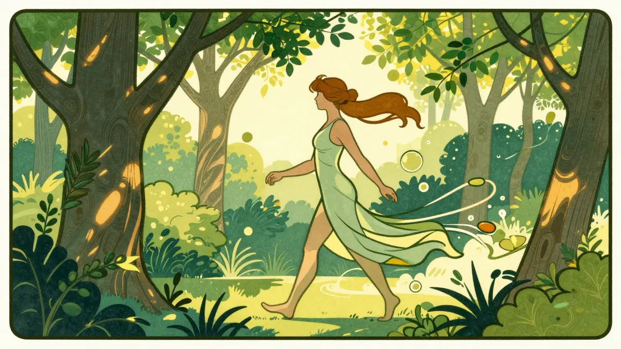 Klidná procházka v přírodě jako terapie úzkosti v art nouveau stylu